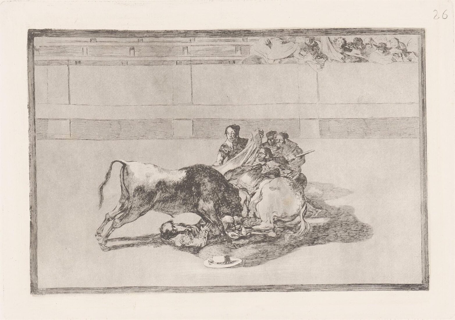 A picador is unhorsed and falls under the bull. (Caida de un picador de su caballo debajo del toro) - Goya y Lucientes Francisco
