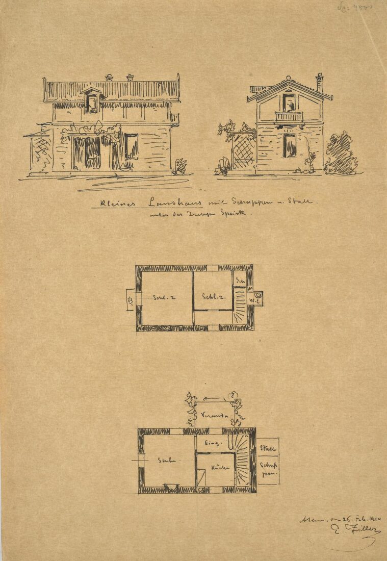 Small Farmhouse with Shed and Stable, Perhaps for the Ziller District in “Kokkina Horafia” [Red Fields], Kifisia. Main Facade, Plans for Ground Floor and 1st Floor - Ziller Ernst