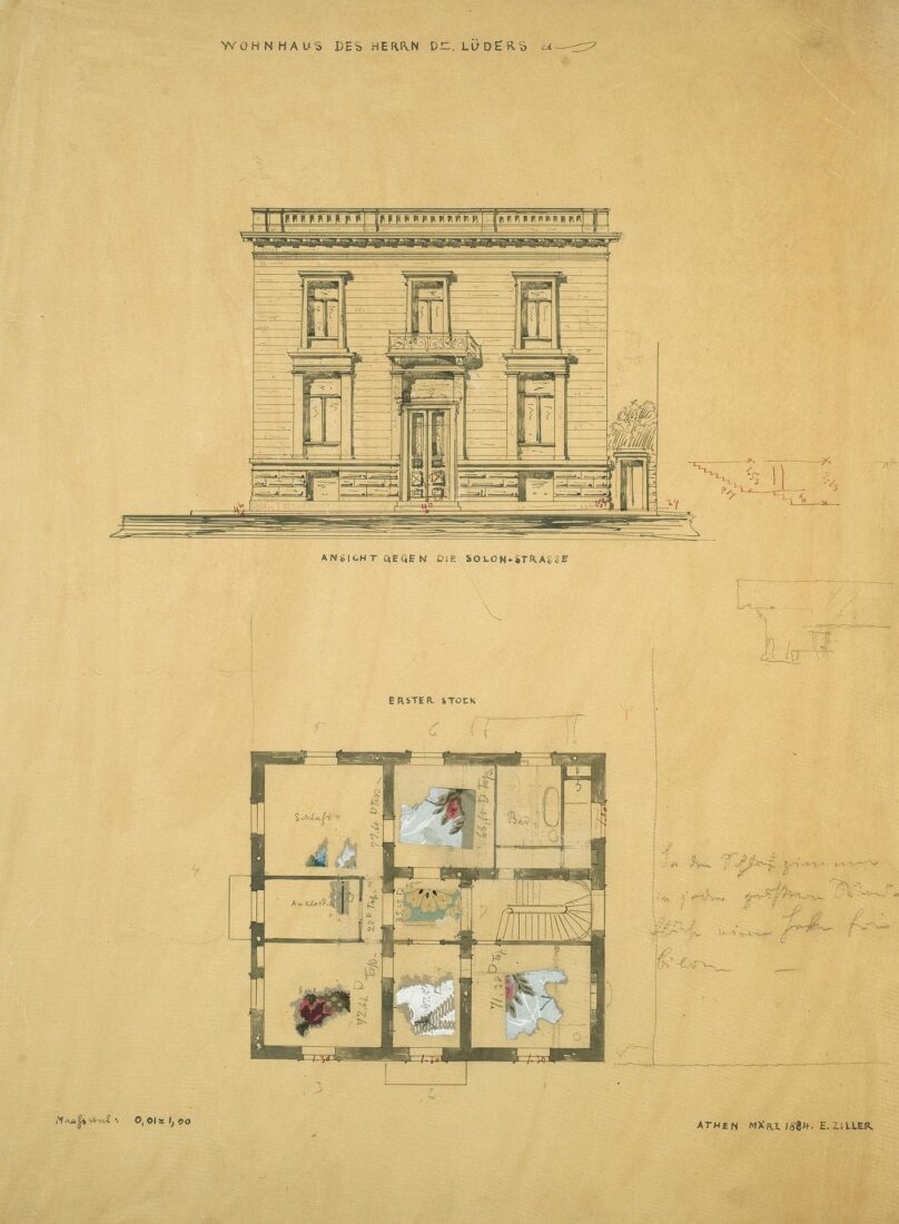 Luders House, Solonos & Angchesmou Streets (Voukourestiou), Facade Overlooking Solonos Street, 1st Floor Plan - Ziller Ernst
